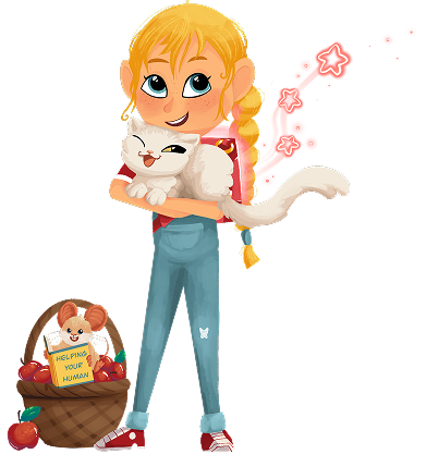 Rane holding her white cat companion