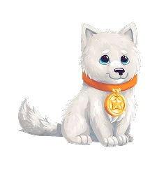 Flash's white puppy companion wearing an orange collar with a star medallion