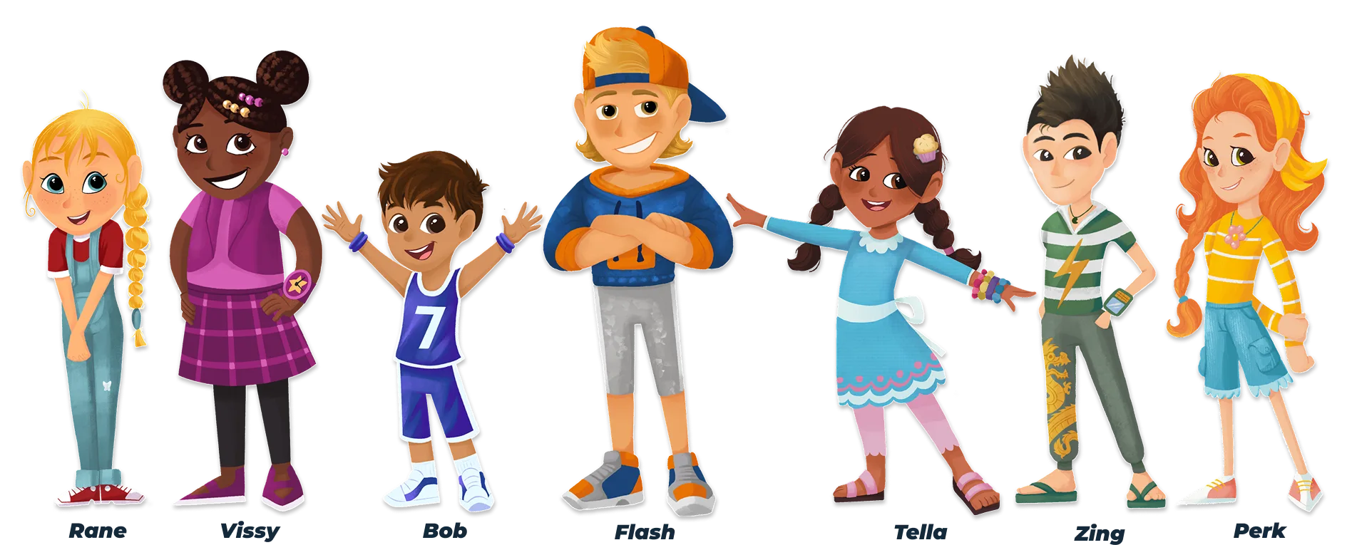 The seven SPRiTELEES characters standing together